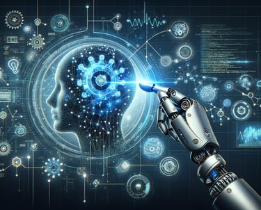 Futuristic AI and automation concept with a robotic arm touching a holographic interface displaying.