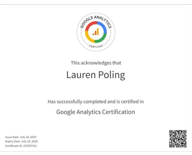 Google Analytics Certification for Lauren Poling of Realty Streamliners