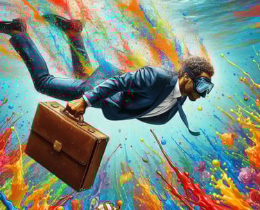 Man in suit with briefcase jumping into water with colorful paint