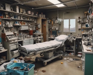 A workbench is cluttered with technology repair tools and disassembled electronic devices. Multiple laptops are open, and an overhead lamp provides focused lighting on the workspace. A backpack sits at the back, amidst a disarray of tools such as screwdrivers, a utility knife, and an organized box of small components. Various pieces of electronic hardware and circuit boards are spread out on the table.