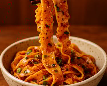Close-up of handmade Biang Biang Mian noodles