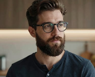 Portrait of a man with glasses and a stylish beard, looking thoughtful and professional, with a background of a blurred modern kitchen and warm lighting.