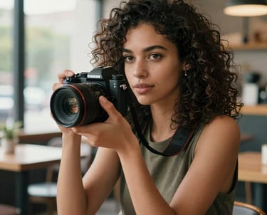 Portrait of a young woman with curly hair, holding a professional camera, looking confident and creative, natural window lighting in a modern cafe setting.