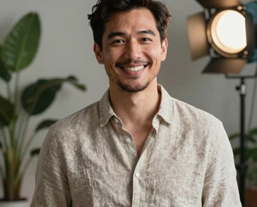 Professional portrait of a man in his 30s with a creative look, wearing a neutral linen shirt, smiling warmly against a background of indoor plants and studio lighting.
