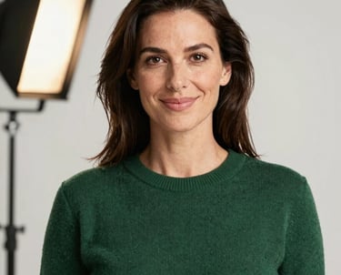 Close-up portrait of a woman with a friendly, professional expression, standing in a bright studio with soft lighting, wearing a Matte Forest Green sweater.