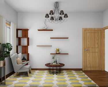 Modern living room interior with a grey armchair, geometric rug, and floating wooden shelves.