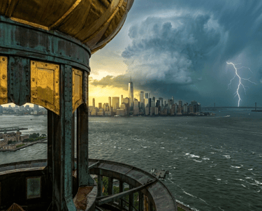 Foto desde dentro de la antorcha de la Estatua de la Libertad. Tormenta..