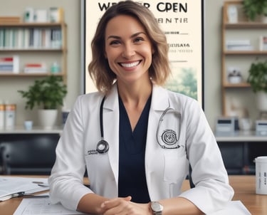 a woman in a doctor's office with a stethrobe