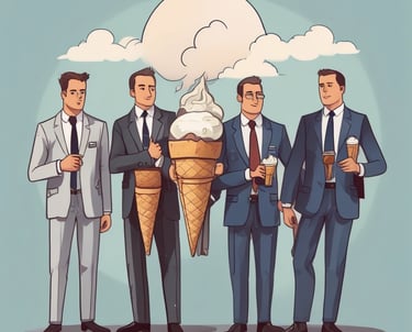 An outdoor setting with a vintage-style ice cream truck parked on a paved surface. The truck has a red stripe and an open service window displaying various ice cream cones and products. Several people, including a woman in a striped dress and others wearing casual summer clothing, are gathered around the truck, possibly ordering or waiting for ice cream.