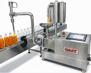Automatic stainless steel liquid filling machine bottling orange juice into glass bottles on a conveyor belt.