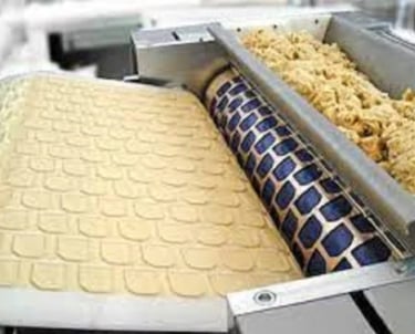 Industrial biscuit rotary moulder machine processing dough on a conveyor belt.