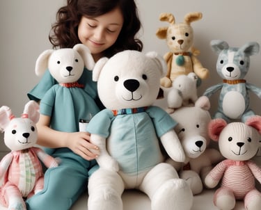 A collection of colorful plush toys, including animals and pillow-like shapes, is suspended in a cluster from a display. The toys feature various patterns, such as stripes and polka dots, and are made from a range of bright and pastel fabrics. The setting appears to be a market or shop with additional items visible in the background.