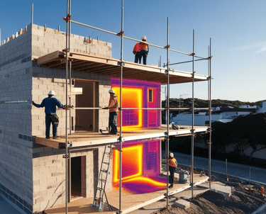 Homens trabalhando em casa e paredes com marcas de camera termica