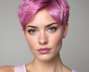 A person is seated in a hair salon with a cape around their shoulders. Another individual is styling their hair using a comb. The salon has bright decorations on the wall, including flowers, and there are various hair styling tools and products on a counter.