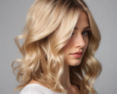 A black and white photo of a modern hair salon with several people engaged in hair cutting and styling activities. The room has contemporary lighting fixtures and decorative elements, including a painting of Buddha and small statues. The salon has a polished tile floor and various salon equipment such as a barber chair and a cart.