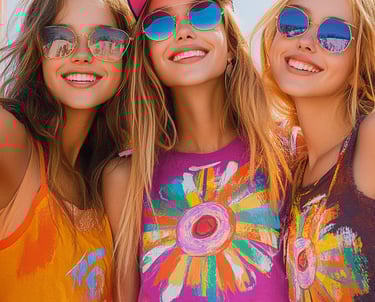 Fotografía de 3 adolescentes sonriendo. Todas portan lentes de sol y ropa colorida