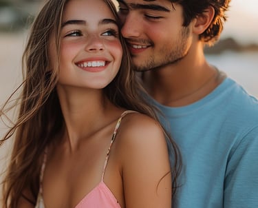 Fotografia de una pareja de adolscentes sonriendo y abrazandose en la playa 