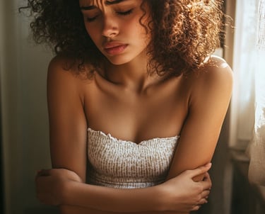 Fotografía de una adolescente rodeando su vientre con sus brazos y con cara de dolor 