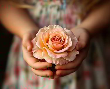 Fotografía de una niña sosteniendo una roa beige entre sus manos y ofreciéndola 