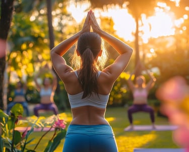 Mujer haciendo yoga con más mujeres en el parque