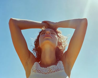 Mujer levantando los brzos tocandose la frente viendo hacia el sol