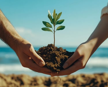 Mano de un hmbre y una mujer y sobre ellos un bulto de tierra con una planta creciendo