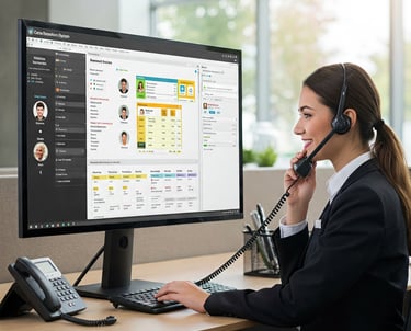 Sistema central de reservas en pantalla de monitor mostrando reservas de teléfono, web y agencias online como Booking.com.