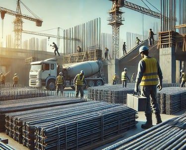 Workers loading steel bars