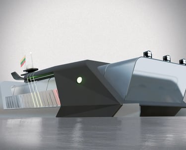 AQUILA hybrid catamaran on European river with glass-walled lounge, solar panels, and dual terraces