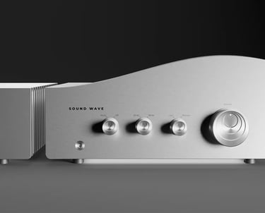 Sound Wave audio system: High-end amplifier and phono cartridge with radial soundwave vents.