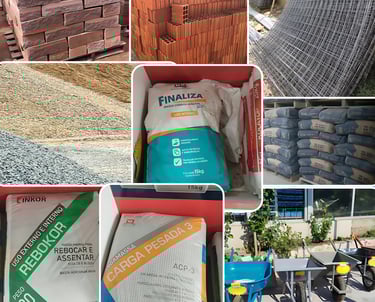 Arei, Brita, Cimento, Ferro, Cimentocola, Tijolo, Pedra