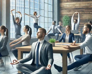 Business-Team bei Stressbewältigung mit Meditation, Yoga und Achtsamkeitsübungen im Büro