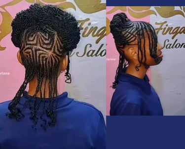 A young woman wearing an intricately braided cornrow updo, featuring detailed geometric parting designs at the back of her he