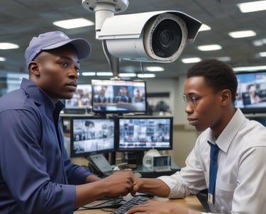 Two surveillance cameras are mounted on a stark, minimalist wall. The cameras have a teal body with orange accents and are connected by black cables. They are angled in different directions, suggesting active observation.