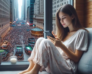 A young woman sitting comfortably on the coach in a busy exchange market