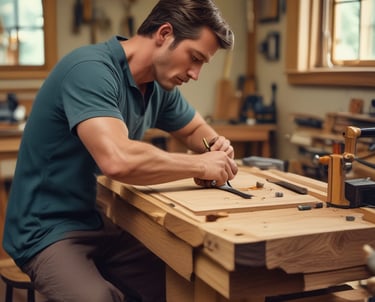 A craftsman carefully sanding a wooden cabinet in a warm, earthy-toned workshop.