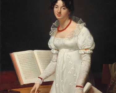 Image of a Regency lady in a white gown standing near a pianoforte.