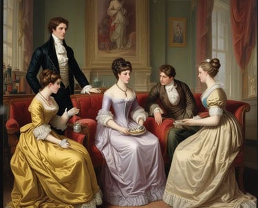 Image of three Regency ladies and two gentlemen talking in a room