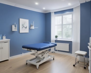A serene treatment room with a massage table and calming decor.