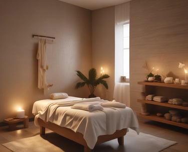 A serene spa room with candles and soft lighting.