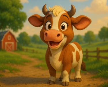 Bella the Cow teaching numbers in a colorful children’s learning scene.