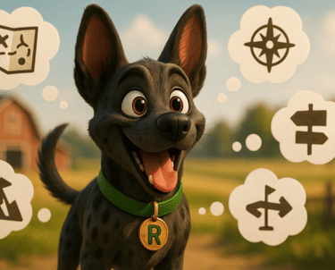 Cute animated dog character Robi from Barnyard Buddies teaching colors.