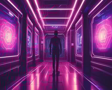 a man standing in a room with neon lights