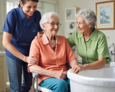 A caregiver gently assisting an elderly person with dressing.