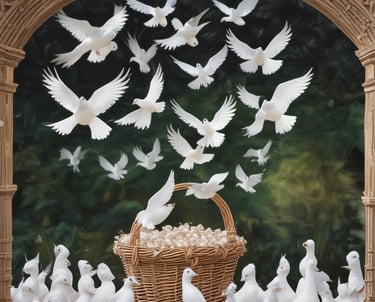 A group of doves are perched closely together with a clear, vivid blue sky in the background. The foreground features five doves, four of which are white and one with ornate brown feathers. The background is adorned with decorative hanging ornaments and street lamps, creating a festive and elegant atmosphere.