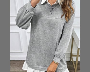 Shein gray patchwork sweatshirt dress with long sleeves and polo neck – comfortable fall and winter 