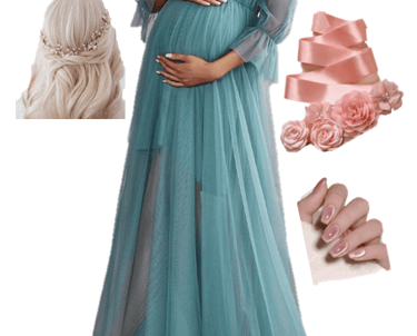 Off-shoulder maternity dress with puff sleeves, floral waistband, and fairy-style flower crown
