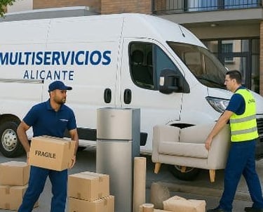 Dos trabajadopres realizando un porte de una nevera yn sofá y paquetes envalados