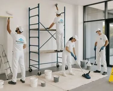 Grupo de pintores pintando un local con la furgoneta de multiservicios alicante afuera en la calle