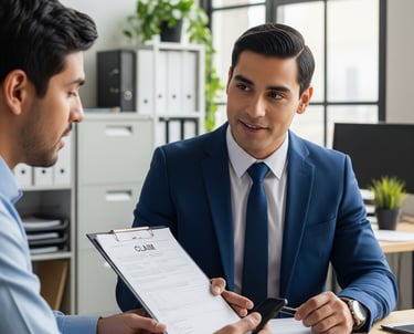 Se observa a un asesor de seguros acompañando a un cliente en la reclamación de beneficios
